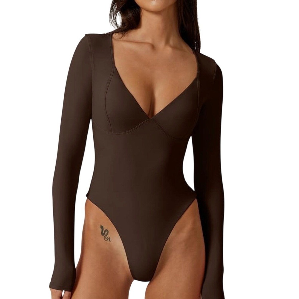 QINSEN‎ Womens XL Long Sleeve Bodysuit V-Neck & Seamed Cups Thong Cut 90's Brown